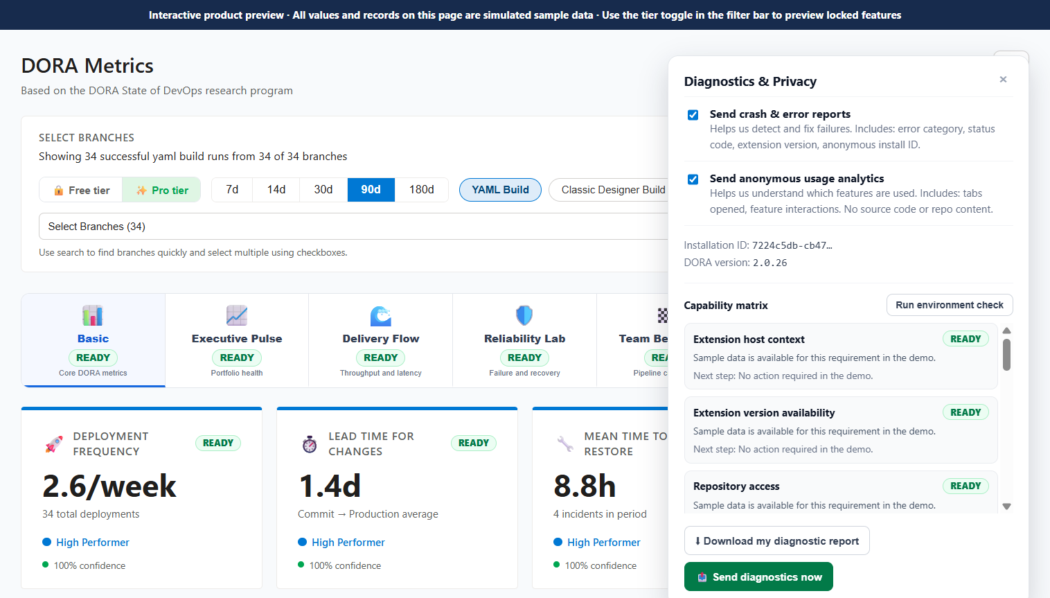 Diagnostics & Privacy panel – capability matrix, consent toggles, and installation details